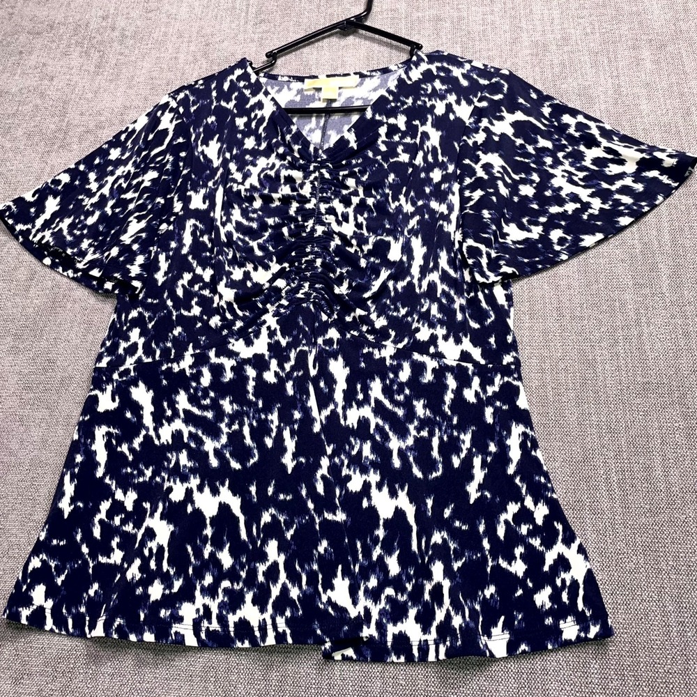 Michael Kors Blouse Top Womens Large Blue White Abstract Print Ruched V Neck